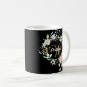 Rosen Bloemige Elegante Script Monogram Goud Zwart Koffiemok (Voorkant rechts)