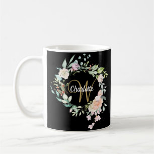 Rosen Bloemige Elegante Script Monogram Goud Zwart Koffiemok