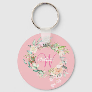 Rosen Bloemige Initiële Script Monogram Roze Sleutelhanger