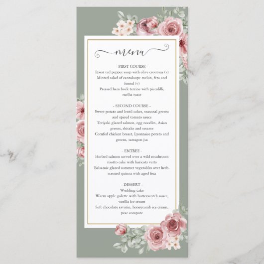 Rosen Bloemige Saliegroen Trouwdiner Menu (Voorkant)