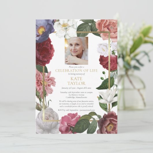 Rosen Bloemrijke Funeral Foto Herdenking van het L Kaart (Staand voorkant)