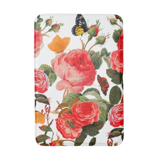ROSEN EN GEEL BUTTERFLIES, wit, Floral Badmat (Voorkant Verticaal)