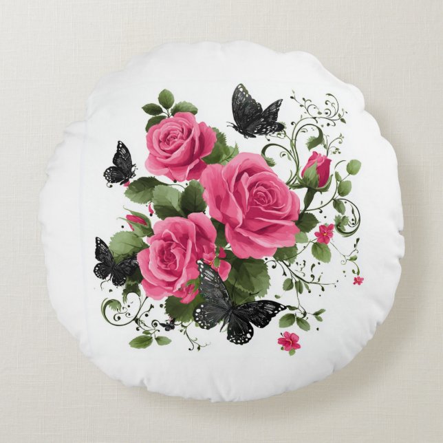 Rosen en Vlinders, Kleurig Ontwerp, Rond Kussen (Voorkant)