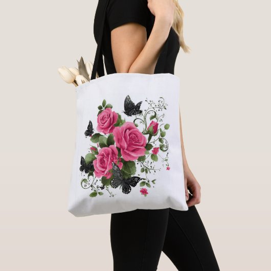 Rosen en Vlinders, Kleurig Ontwerp, Tote Bag (Dichtbij)