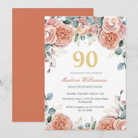 Rosen & Eucalyptus Bloemende 90ste Verjaardagsfees Kaart (Voorkant / Achterkant)