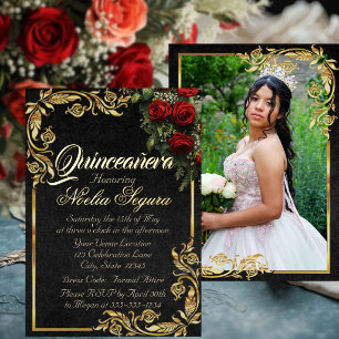 Rosen, Foto & Gouden Lijst - Zwarte Quinceanera Folie Uitnodiging