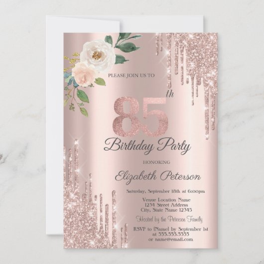 Rosen Glitter Drips Roze Goud 85ste Verjaardag Kaart (Voorkant)