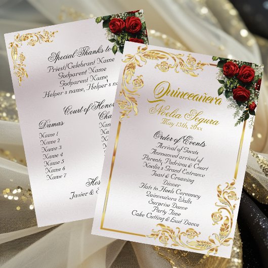 Rosen & Gouden Bladeren - Parel Quinceanera Progra Programmakaart