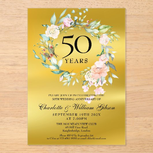 Rosen Guirlande Goud Folie 50ste Huwelijksverjaard Acryl Uitnodigingen (Voorkant)