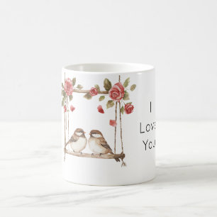 Rosen houden van vogels op schommel Valentijnsdag Koffiemok