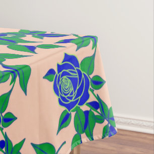 Rosen in opvallend elektrisch blauw met groene bla tafelkleed