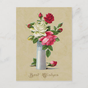 Rosen in vaas Beste wensen Vintage reproductie Briefkaart