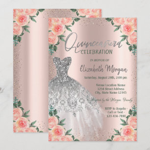 Rosen, jurk, bloemen, roze gouden Quinceañera Kaart