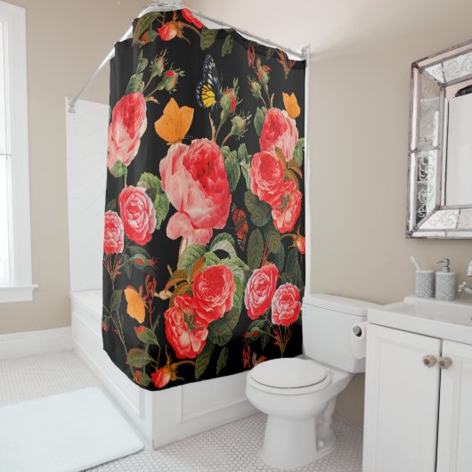 ROSEN, ROSEN EN GEEL, BUTTERFLIES, zwart, Floral Douchegordijn (In situ)