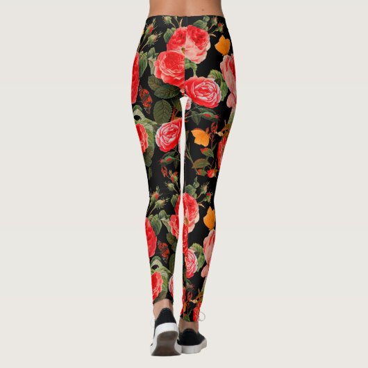 ROSEN, ROSEN EN GEEL, BUTTERFLIES, zwart, Floral Leggings (Achterkant)