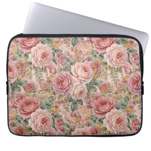 Rosen Stof Roze Elegante Charme Saliegroen Goud Laptop Sleeve