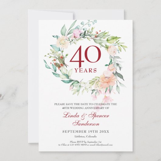 Rosenkrans 40e robijnen huwelijksjubileum save the date (Voorkant)