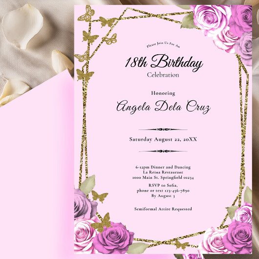 Roses and Butterflies Pink 18th Debut Birthday Kaart