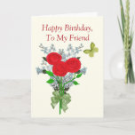 Roses and Lilacs Birthday Friend, Funny Humorous Kaart<br><div class="desc">This beautiful and sentimental birthday card for a friend has a pretty bouquet of three red roses and light purple lilacs. The bouquet is tied with a light green satin ribbon bow. A pretty light green butterfly hovers nearby. I have used a light cream colored background but you can change...</div>