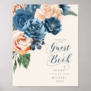 Roses Blauw/Perzik Huwelijksgastenboek ID584 Poster