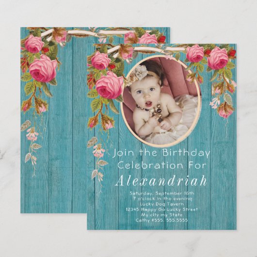 Roses Blue Barn Wood Birthday (Voorkant / Achterkant)