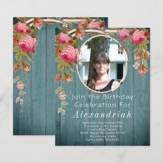 Roses Blue Green Barn Wood Birthday (Voorkant / Achterkant)