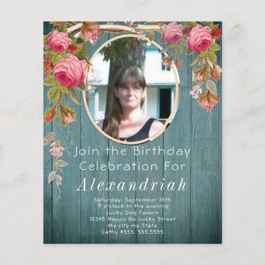 Roses Blue Green Barn Wood Birthday (Voorkant)