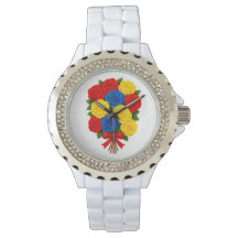 Roses Bouquet Women Rhinestone White Enamel Watch