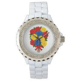 Roses Bouquet Women Rhinestone White Enamel Watch Horloge