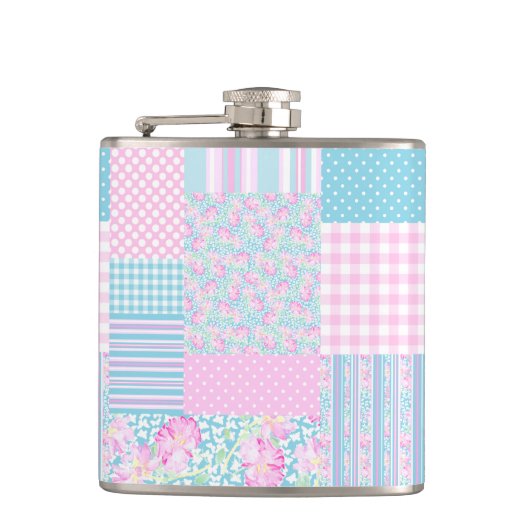 Roses Butterflies Faux Patchwork Hip Flask Heupfles (Voorkant)