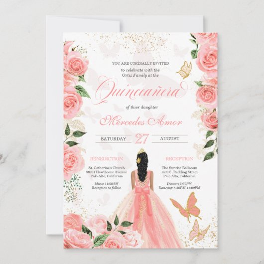 Roses Butterfly Mariposa Quinceanera Invitati Kaart (Voorkant)