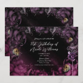 Roses en Skulls Birthday Party, roze Paarse roze r Kaart (Voorkant / Achterkant)