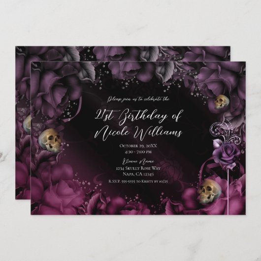 Roses en Skulls Birthday Party, roze Paarse roze r Kaart (Voorkant / Achterkant)