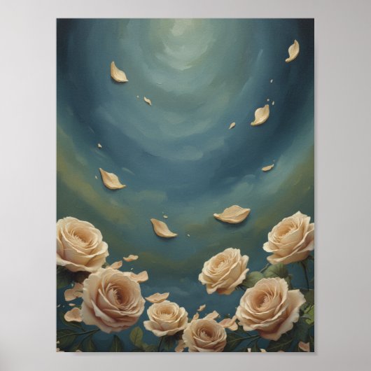  Roses & Floating Petals Teal Blue Oil Painting Poster (Voorkant)
