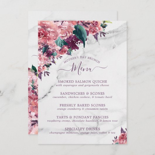 Roses Floral Marble Moederdag Brunch Menu (Voorkant / Achterkant)