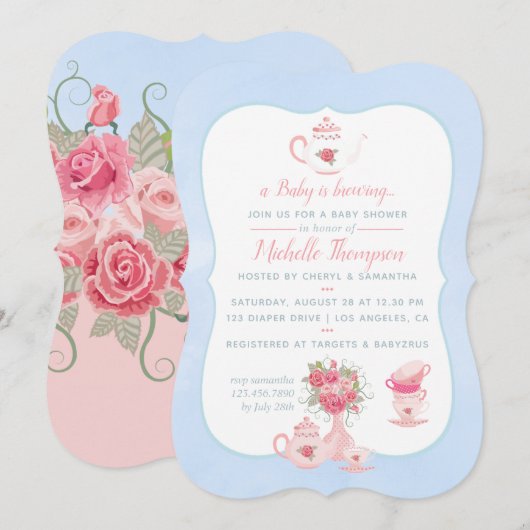 Roses Floral Tea Party Baby shower Uitnodiging (Voorkant / Achterkant)