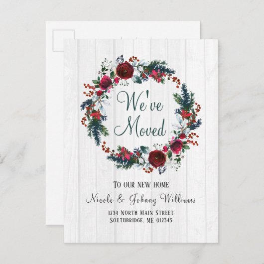 Roses Floral Wreath Moving Rustic Kerstroodrozen Aankondigingskaart (Voorkant / Achterkant)