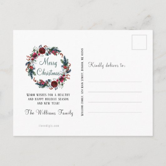 Roses Floral Wreath Moving Rustic Kerstroodrozen Aankondigingskaart (Achterkant)