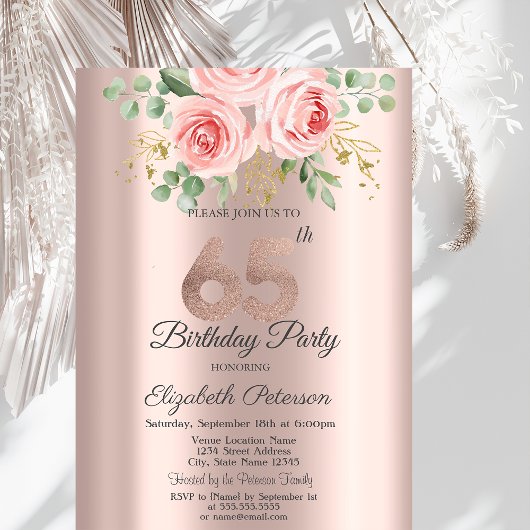 Roses Glitter Drips Rose Gold 65e Verjaardag Kaart