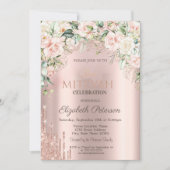 Roses Glitter Drips Roze Goud Bat Mitzvah Kaart (Voorkant)
