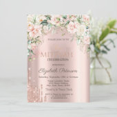 Roses Glitter Drips Roze Goud Bat Mitzvah Kaart (Staand voorkant)