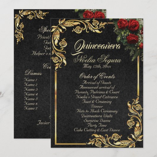 Roses & Gold Leaves - Black Quinceanera Program Programmakaart (Voorkant / Achterkant)