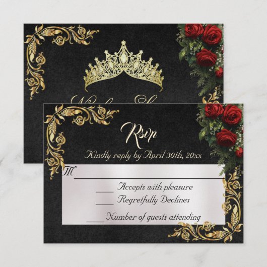 Roses & Gold Leaves - Black RSVP Kaartje (Voorkant / Achterkant)