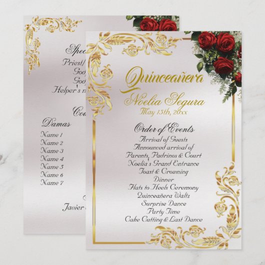 Roses & Gold Leaves - Pearl Quinceanera Program Programmakaart (Voorkant / Achterkant)