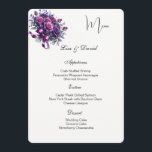 Roses Menu Card<br><div class="desc">This Menu Card template is shown on the basic paper in white with a lovely purple rose bouquet print design. Script and standard text are in a black color. Customize the names and menu items by clicking the customize or edit button, use the offered templates to change to your information....</div>