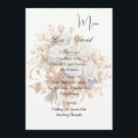 Roses Menu Card<br><div class="desc">This Menu Card template is shown on the basic paper in white with a lovely gold and white color rose bouquet print design. Script and standard text are in a black color. Customize the names and menu items by clicking the customize or edit button, use the offered templates to change...</div>