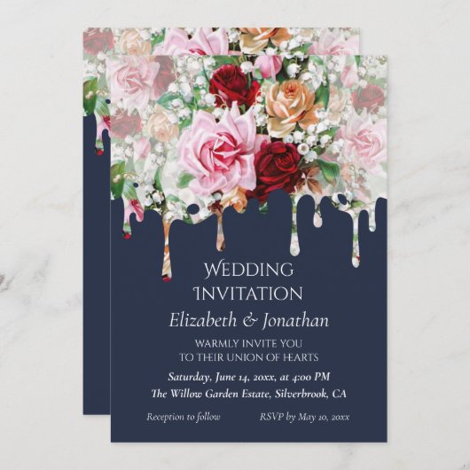 Roses on Blue Customizable Wedding Invitation (Voorkant / Achterkant)
