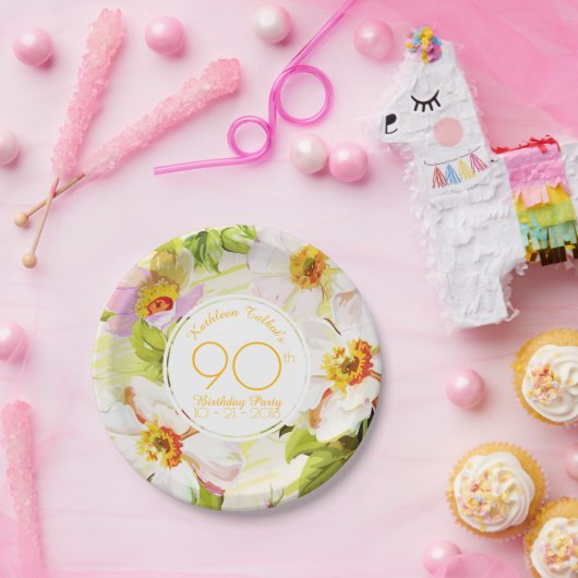 Roses Peonies 90th Birthday Party Paper Plate Papieren Bordje (Feest)
