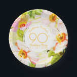 Roses Peonies 90th Birthday Party Paper Plate Papieren Bordje<br><div class="desc">Classic floral pattern of old wild roses and peonies on bistre background. Very classiy vintage graphics with texts into a white round shape on customizable 90th birthday party paper plate. You can easily change text (font, size, color and position), design and shape (size and position) by clicking the edit using...</div>