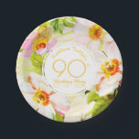 Roses Peonies 90th Birthday Party Paper Plate Papieren Bordje<br><div class="desc">Classic floral pattern of old wild roses and peonies on bistre background. Very classiy vintage graphics with texts into a white round shape on customizable 90th birthday party paper plate. You can easily change text (font, size, color and position), design and shape (size and position) by clicking the edit using...</div>